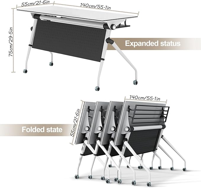 55.1 INCH Flip-Top Folding Meeting Table – Compact Mobile Seminar Desk with Lockable Casters, Durable Steel Frame for Office & Classroom Use