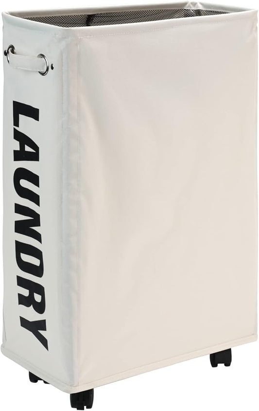 DOKEHOM 25-Inches Slim Laundry Basket on Wheels, Collapsible Rolling Laundry Hamper, Foldable Narrow Corner Clothes Storage Bins (Beige)