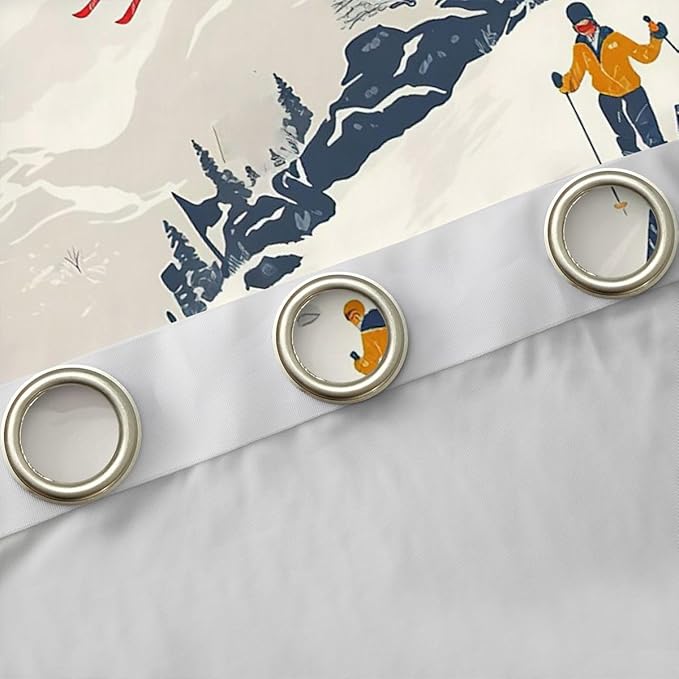 Manfei Skiing Window Drapes,Ski Winter Extreme Sport Competition Blackout Curtains,Mountain Snowboarding Pine Tree Natural Nursery Bedroom Playroom Decor,Beige White 2 Panels,52Wx63L inch