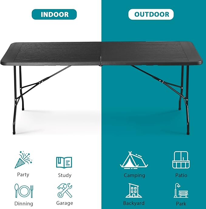 SUPER DEAL 6FT Folding Table for Indoor Outdoor, Portable Heavy Duty Fold-in-Half Plastic Dining Picnic Party Camping Table with Carrying Handle, Black