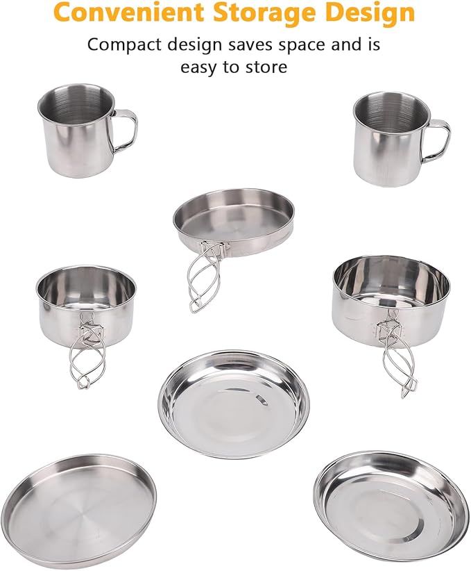 8PCS Stainless Steel Camping Cooking Set Cookware Mess Kit Cook Pots and Pan Set with Plates Cups, Lightweight Camping Cookware for Hiking Backpacking Outdoor Cooking and Picnic