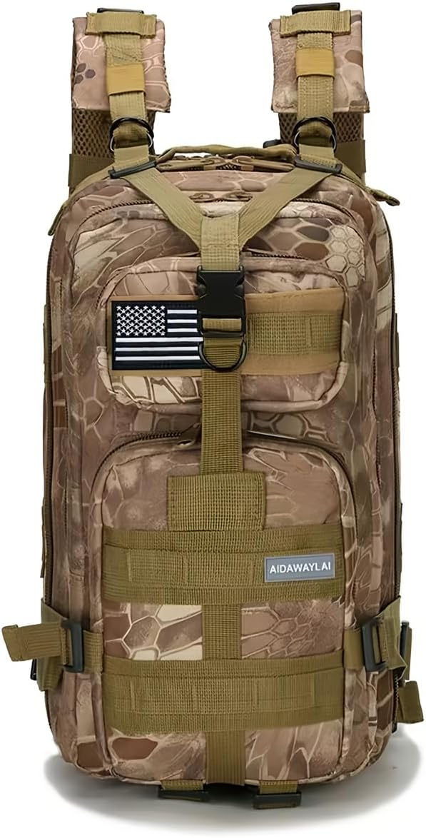 30L Comfortable Durable Military Tactical Backpack w/USA Flag Patch, MOLLE Hiking Camping Travel Bag,(Khaki python pattern)