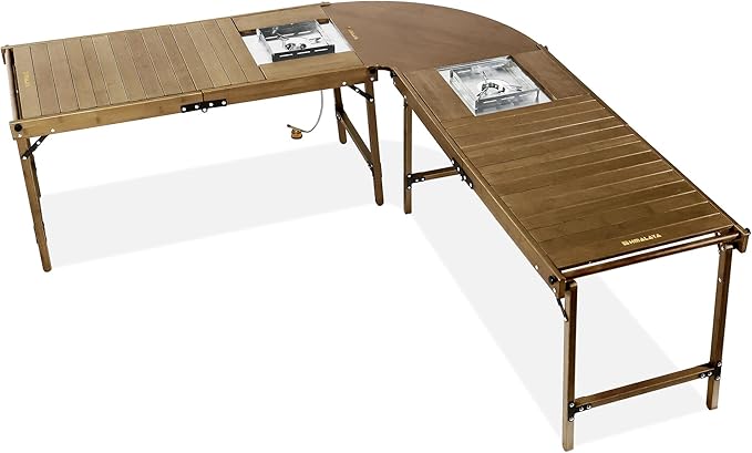 Camping Kitchen Table, Large Outdoor Camping Kitchen Station with Burner Single Portable Folding Cooking Tables Storage Organizer for Picnic BBQ Beach (L Shape Camping Kitchen with Burner)