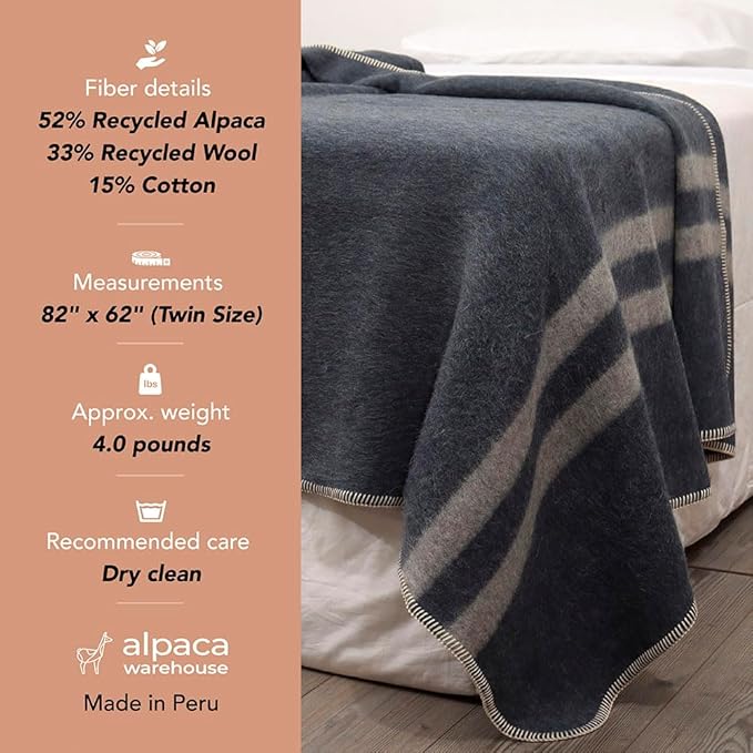 Thick Alpaca Wool Blanket Heavyweight for Camping Outdoors or Using Indoors | Soft Peruvian Alpaca Wool Blankets (Dark Gray - Soft Gray Stripes, Twin)