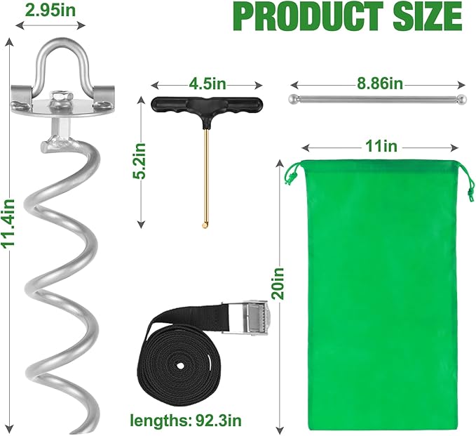 MIXXIDEA Gound Anchors Screw in, Metal Spiral Earth Anchors Kit, Heavy Duty Folding Ring Spiral Stake with Straps, Ground Stakes for Tent (Silver, 11.4 Inch with 92in Strap)