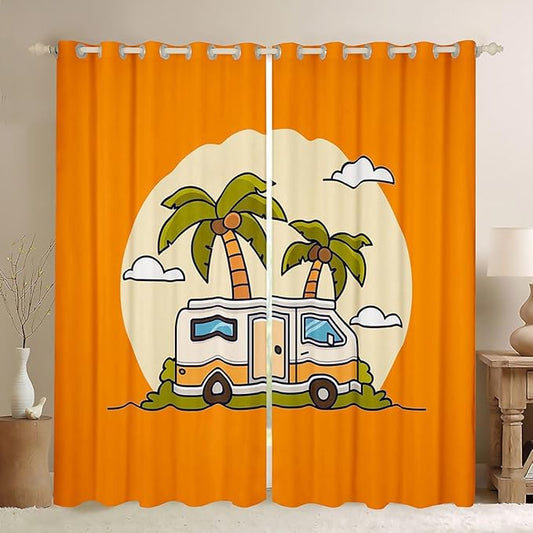 Erosebridal Happy Camping Window Drapes Camper Blackout Curtains 42" Wx63 L Hawaii Vacation Style Curtains for Bedroom Living Room,Tropical Beach Coconut Tree Window Treatments 2 Panels
