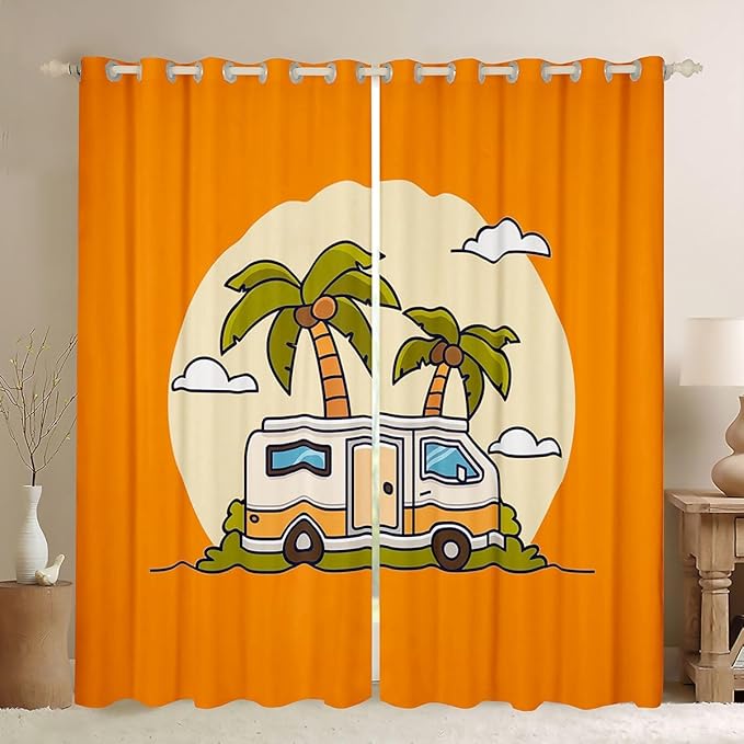 Erosebridal Happy Camping Window Drapes Camper Blackout Curtains 38" Wx54 L Hawaii Vacation Style Curtains for Bedroom Living Room,Tropical Beach Coconut Tree Window Treatments 2 Panels