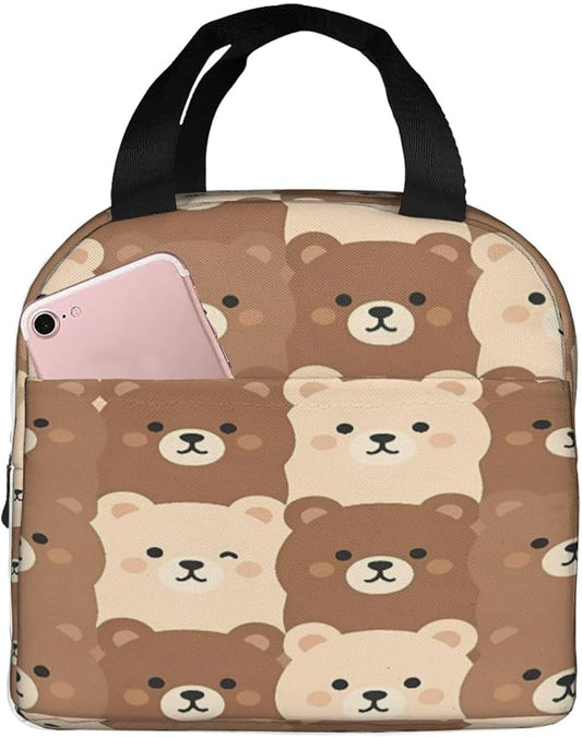 cute brown and beige bear faces Insulated Lunch Bag Oxford Cloth & Thick Foil Cooler Warmer Tote Waterproof Wear-Resistant with Front Pocket for Work Picnic Outdoor Travel