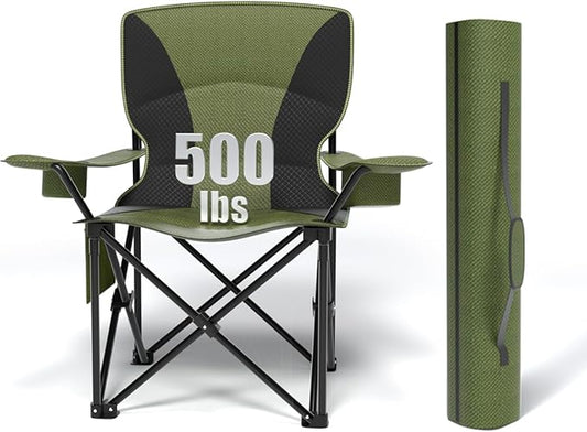 Heavy Duty Folding Chair 500LB Capacity, Oversized Camping Chairs with Cup Holder, Cooler Bag & Storage Pouch, Double-Layer Fabric, Outdoor Chairs for Sports, Lawn Chairs (1, Black Green, Oversized)