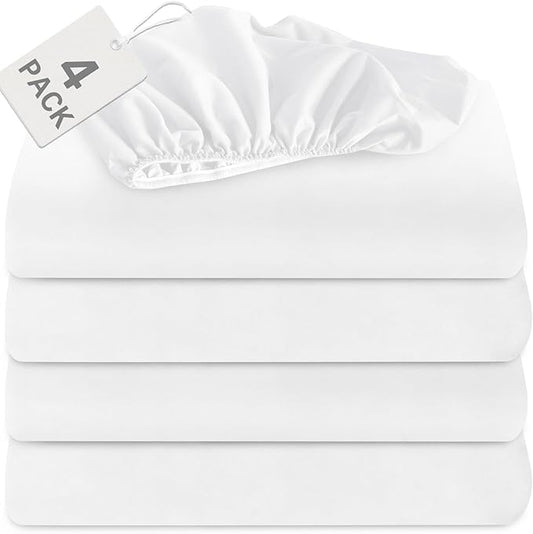 Biloban Twin Fitted Sheet 4 Pack, Twin Bedding Fitted Sheets Only with Deep Pocket up to 14", Bottom Sheet, Shrinkage & Stain Resistant Fitted Bed Sheets, Wrinkle Free & Easy Care, White