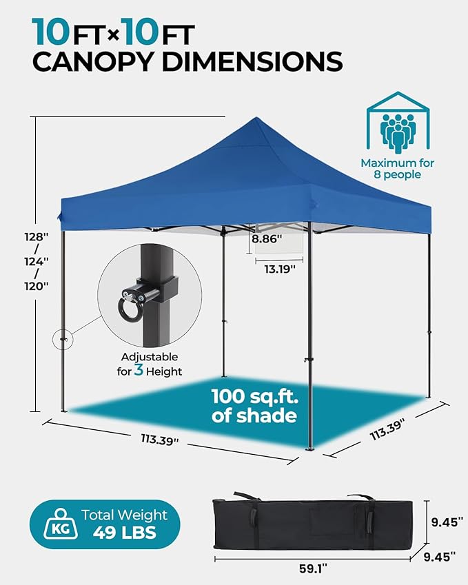 10x10 Pop Up Canopy with Wheeled Bag, Commercial Portable Canopy Tent, Easy Set Up, 4 Stakes & 4Sandbags & 4 Ropes, Waterproof Outdoor Shelter for Market, Parties, Blue