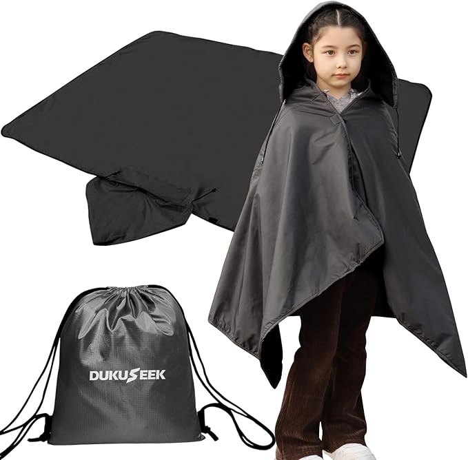 DUKUSEEK Hooded Stadium Blanket for Kids, Small Waterproof Outdoor Blankets with Fleece Linner, Kids Outdoor Wearable Blanket for Sporting Events, Camping, Picnic, Games, Stadium, 56x28