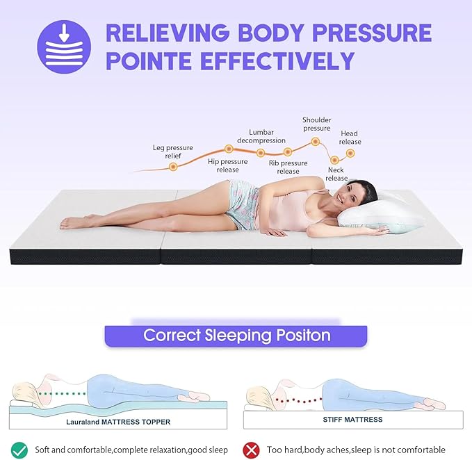 Queen Folding Mattress 4 Inch Tri-Fold Memory Foam Folding Mattress Topper - Portable, Washable Cover, Non-Slip Bottom - Perfect for Camping, Guest, Floor, Yoga