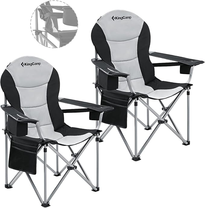 KingCamp Folding Portable Camping Chairs Oversized Padded Quad Arm Chair with Cooler Bag, Cup Holder and Side Pocket, Heavy Duty Supports 300 lbs for Outdoor, Lawn, Fishing, Sports