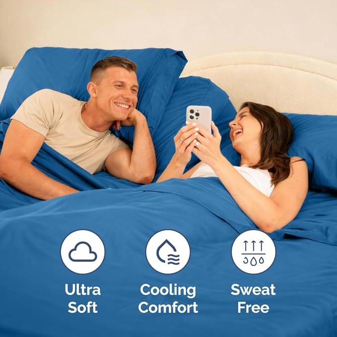 Flex Top Split Head King 4 Piece Sheet Set - Comfy Breathable & Cooling Bed Sheets Set - Hotel Luxury Bedding for Women, Men, Kids, Teens, Boys & Girls - Deep Pockets, Soft and Oeko-Tex - Denim Blue