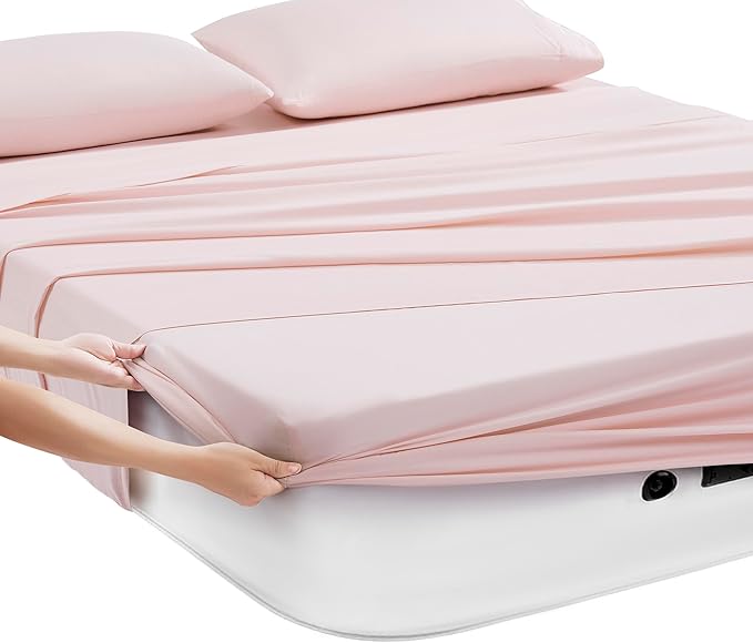Camping Sheets Queen Size - Outdoor Air Mattress Sheet Set – Built-in Corner Straps for Air Mattress & Camping Use – Designed for Inflatable Beds & Tailgate Sleepovers, Pale Pink