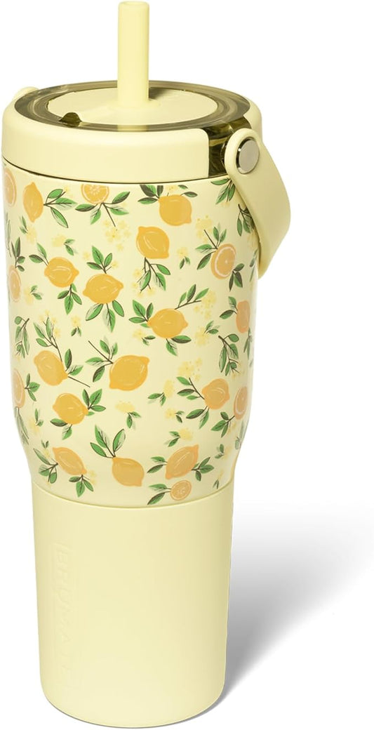 BrüMate Resa 35oz 100% Leakproof Travel Tumbler w/Handle & Straw | Flexible SoftSip Straw | Silicone Sleeve for Durability | Stainless Steel | Cup Holder & Travel Friendly Water Bottle (Limoncello)