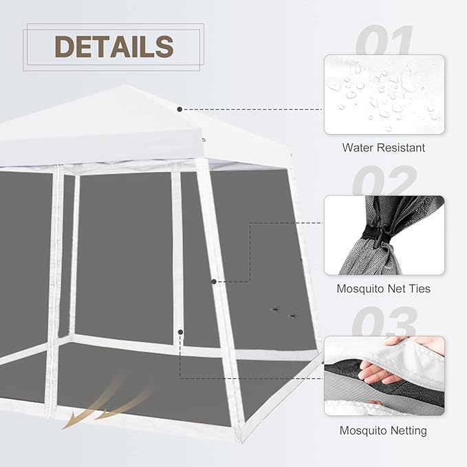COOS BAY 10x10 Pop Up Canopy Tent with Screen Netting, Slant Leg Canopy with UPF 50+ UV Protection, 64 Sq Ft Shade, One Person Setup with Carry Bag, White