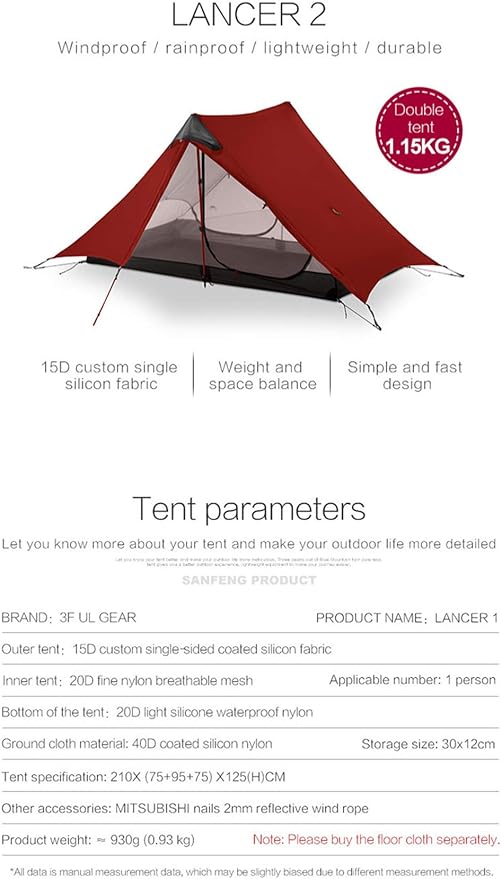 3F UL GEAR Lanshan 2 Person Tent Hiking Ultralight Camping Tent Professional 15D Silnylon Rodless Trekking Pole Tent Waterproof Backpacking Outdoor for Camping, Bivvy