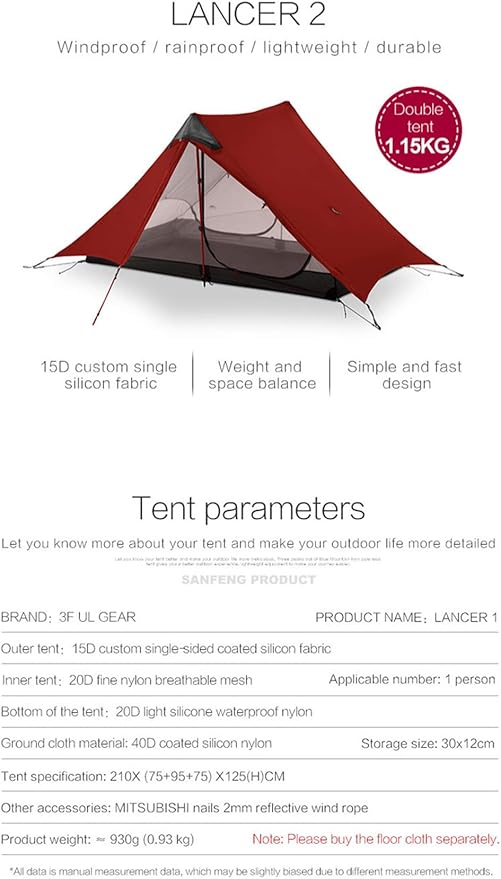 3F UL GEAR Lanshan 2 Person Tent Hiking Ultralight Camping Tent Professional 15D Silnylon Rodless Trekking Pole Tent Waterproof Backpacking Outdoor for Camping, Bivvy