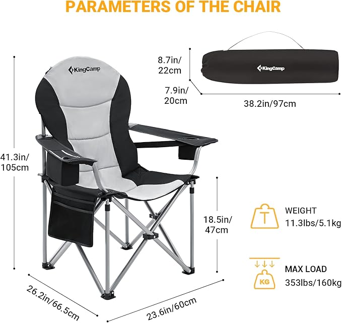 KingCamp Folding Portable Camping Chairs Oversized Padded Quad Arm Chair with Cooler Bag, Cup Holder and Side Pocket, Heavy Duty Supports 300 lbs for Outdoor, Lawn, Fishing, Sports