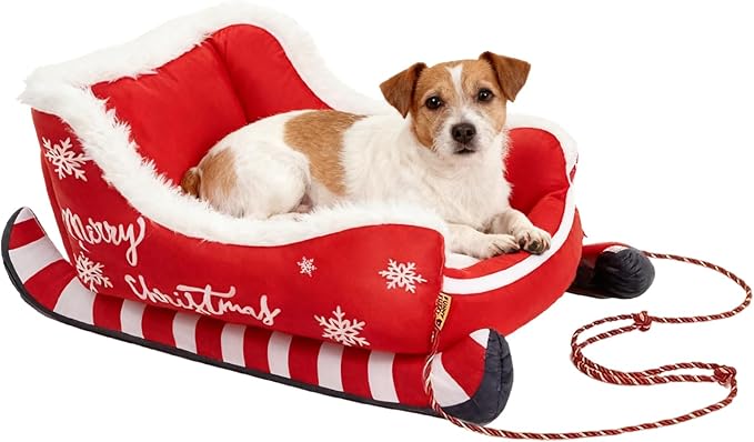 Christmas Sleigh Dog Cat Beds, Christmas Themed Pet Sleigh Bed, Festive Insulated Nest for Winter Holiday Puppy Animal Calming Sleeping Kitten Cold Weather Nights Indoor Rest
