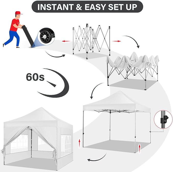 COBIZI 10x10 Pop up Canopy Tent with 4 Sidewalls, Waterproof Heavy Duty Commercial Canopy for Parties, Outdoor Tent, Garden Gazebo, Carry Bag with Wheel (10x10ft, White)