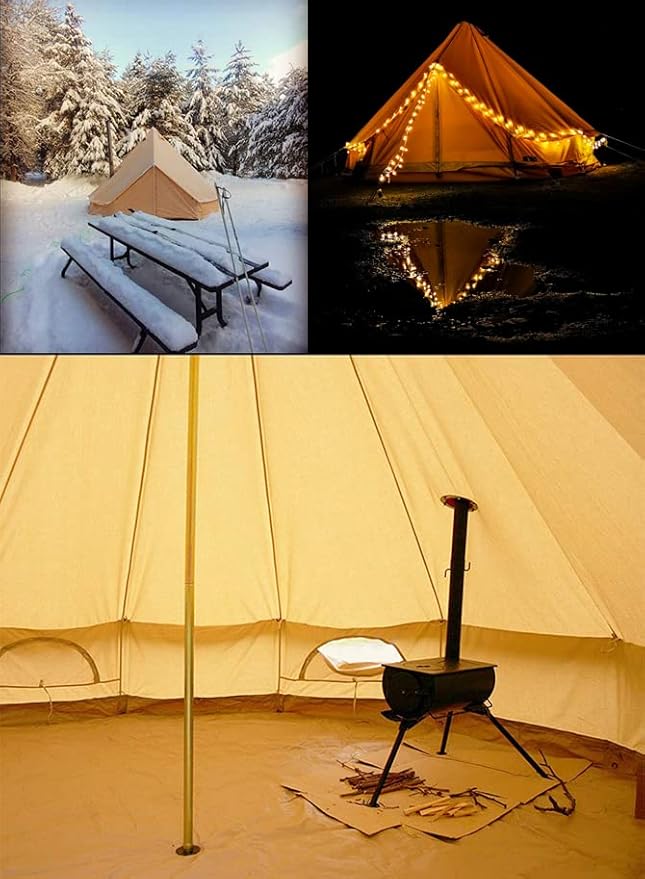 4 Season Waterproof Large Family Camping Cotton Canvas Bell Tent Beige Glamping Tent with Roof Stove Jack Hole and Electric Cable Hole (Diameter: 7M-22.97ft)