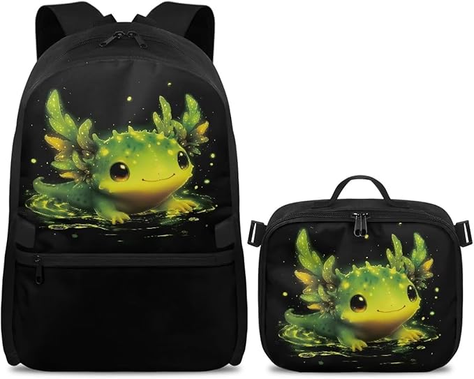 HUGS IDEA Glowing Axolotl Backpack and Lunch Box Set Girls Elementary School Bookbag Cute Backpack for Girls 6-8 Lightweight School Bag for Kids Daypack Children Bookbag