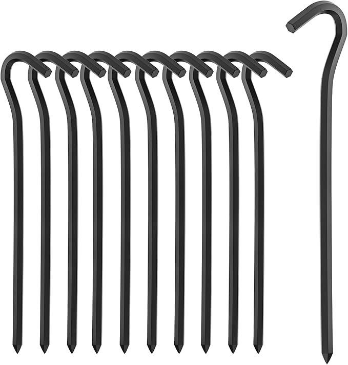 10Pcs Metal Tent Pegs with Hooks. 7 inches Durable Garden Stake Ground Anchors Awning Metal Hooks. Heavy Duty, Waterproof & rustproof, Ideal for Camping, Yard Decor, Picnic & tarp(Black)