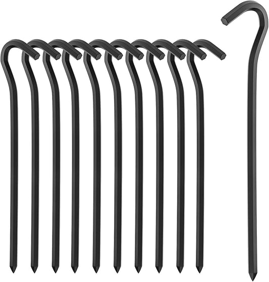 10Pcs Metal Tent Pegs with Hooks. 7 inches Durable Garden Stake Ground Anchors Awning Metal Hooks. Heavy Duty, Waterproof & rustproof, Ideal for Camping, Yard Decor, Picnic & tarp(Black)