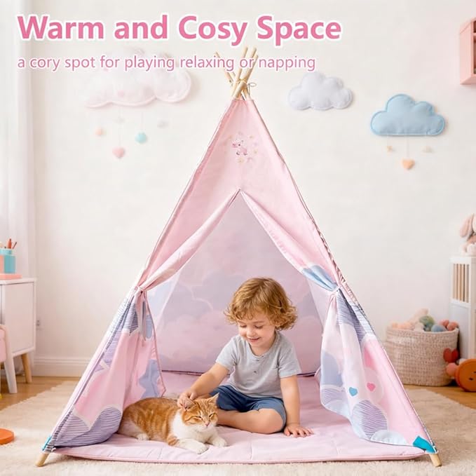 Pink Pony Teepee Tent for Bedroom,Cat Teepee Tent Reading Tent for 3–6 Year Old Toddle with Light & Mat, Cozy Hideout Girls'Bedroom Décor,Girl Sleepover Party, Cat House