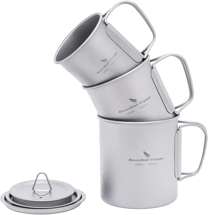 iBasingo Titanium Mug 200ml & 300ml & 450ml Backpacking Tea Coffee Water Cup with Lid & Foldable Handle Outdoor Camping Pot Ultralight Portable Hiking Picnic Cooking Kit Ti3046D