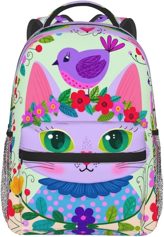 Lightweight Daypack Backpack for Trekking Work Running, Big Capacity Multipurpose Anti-Theft Bookbag, Cartoon Cats Birds Flowers Childlike And Dreamy Art Business Computer Bag