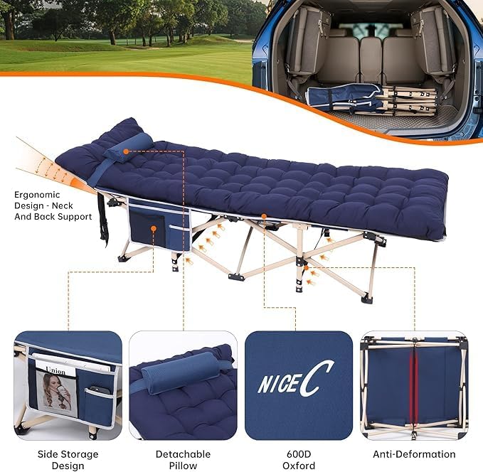 Nice C Heated Cot with Cushion, Heated Camping Cots, Folding Cots with Mattress for Adults, with Pillow, Carry Bag & Storage Pocket, Extra Wide Sturdy, Holds Up to 500 Lbs (2, Heated Mattress Navy)