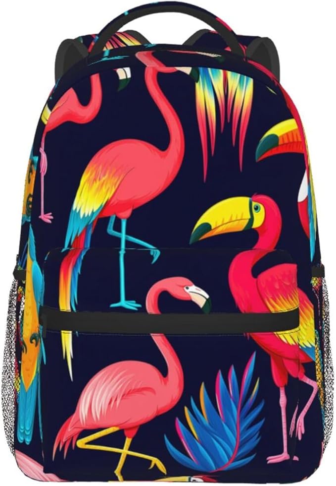 Polyester Daypack Backpack for Climbing Outdoors Running, Big Capacity Multipurpose Anti-Theft Bookbag, Exotic Birds Parrot Flamingo Art Travel Hiking Camping Rucksack