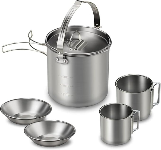 Lixada 5PCS Camping Cookware Set Stainless Steel 1.2L Camping Pot with 2 Cups & 2 Bowls, Lightweight Portable Backpacking Pot with Foldable Handles & Lid for Outdoor Cooking Hiking Picnic