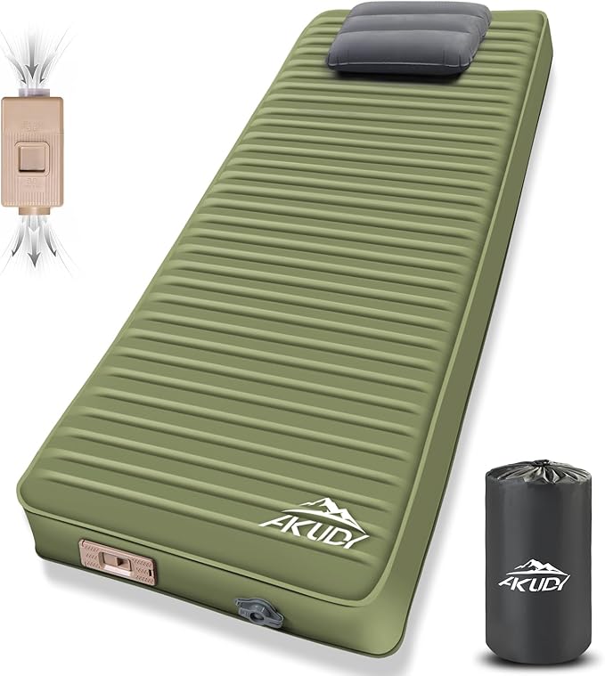 Self Inflating Sleeping Pad with Electric Pump, 4" Ultra-Thick Memory Foam Camping Pad with Pillow, 9.5 R-Value Insulated Camping Mattress, Army Yellow