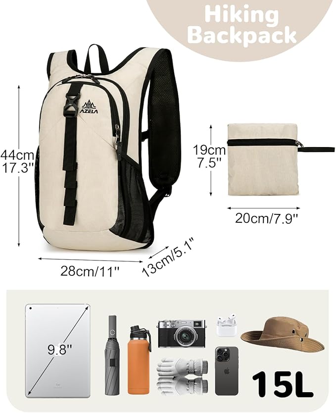 Folding Hiking Backpack with Phone Pocket for Men Women, Small Ultralight Packable Casual Daypack with Shoulder Chest Straps for Travel, 15L Foldable Lightweight Day Pack, Beige