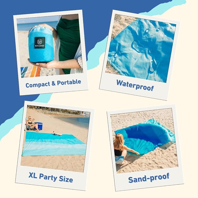 Ballast Beach Blanket – Sandproof & Waterproof, Extra Large Beach Mat with Compact Case, Quick Drying, Soft & Durable with Stakes & Corner Pockets to Stay Put in Wind