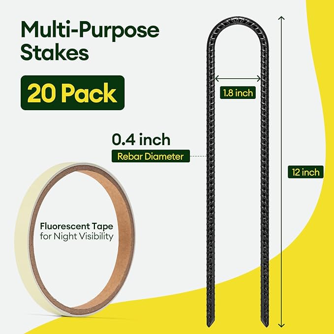 12 Inch Rebar Stakes Heavy Duty 20 Pack, U Shaped Ground Stakes, Galvanized Steel Trampoline Stakes, Tent Anchor Kit Anti-Rust, Drip Hose Wind Stakes, Black