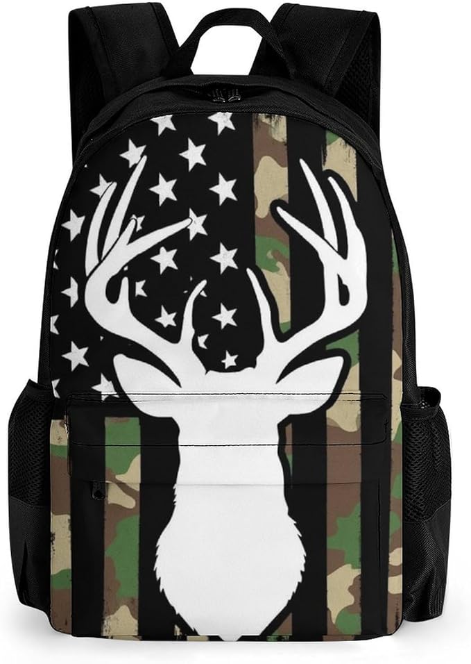Lightweight Rucksack for Sports Travel Running, Big Capacity Multipurpose Anti-Theft Bookbag, Camouflage American Flag Hunting Deer Camo Travel and Sport Backpack Rucksack