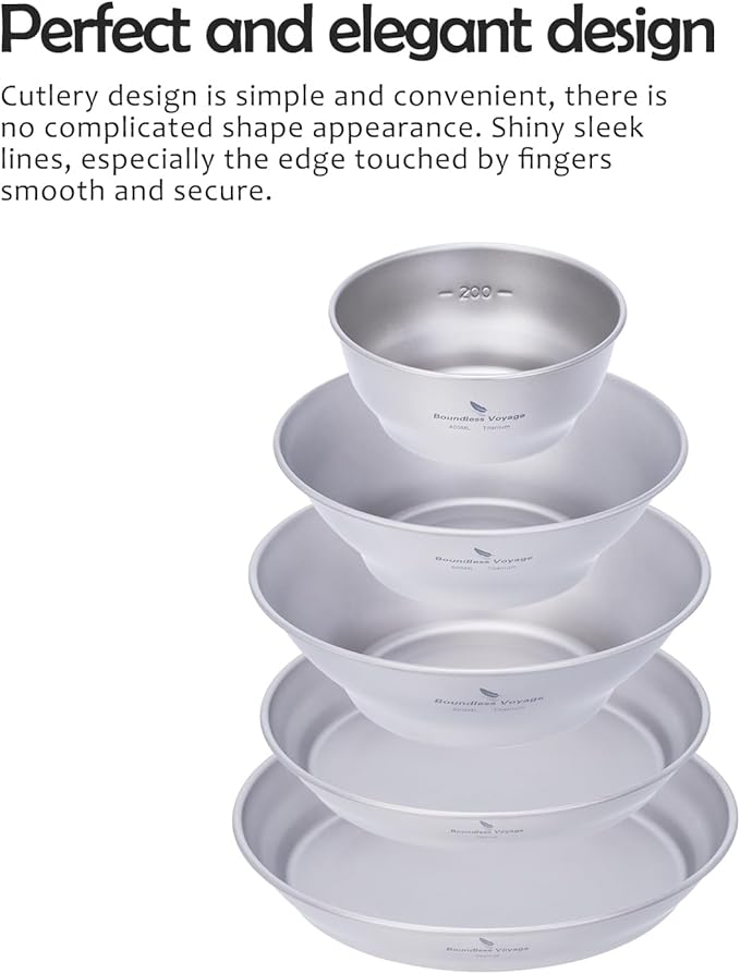 iBasingo Titanium Bowls Plates Set Single-Walled Rice Salad Mixing Bowls Dishes Ultralight Camping Dinnerware Outdoor Indoor Tableware Kitchen Utensils with Carry Bag Ti1110T