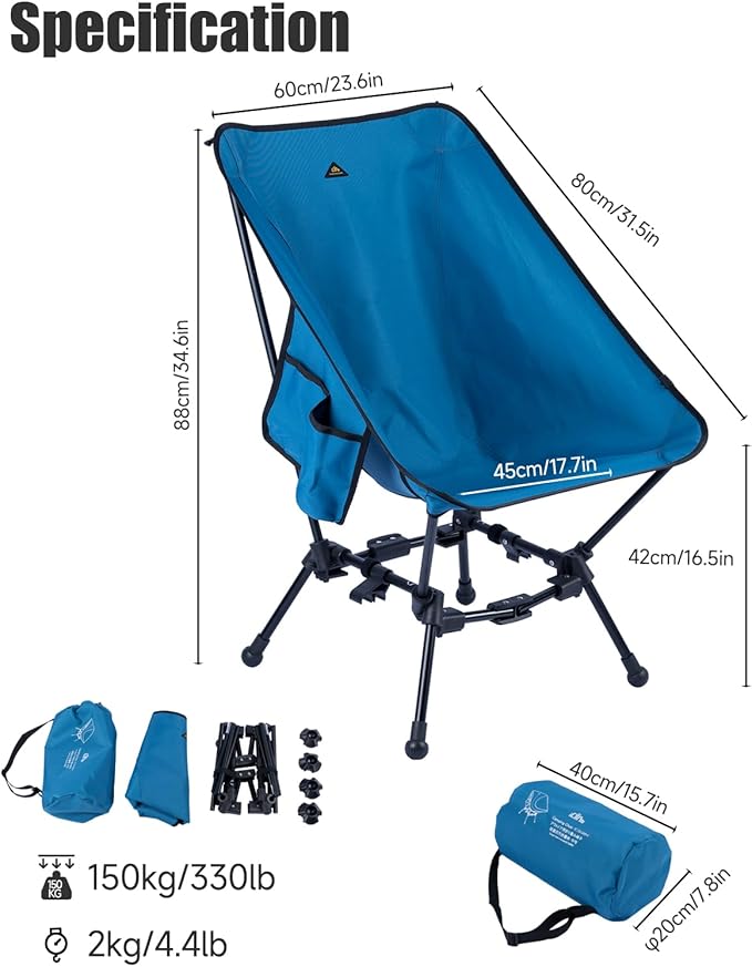 iClimb Two-Heights Light Compact Comfortable Camping Folding Beach Chair with Anti-Sinking Large Feet and Carry Bag