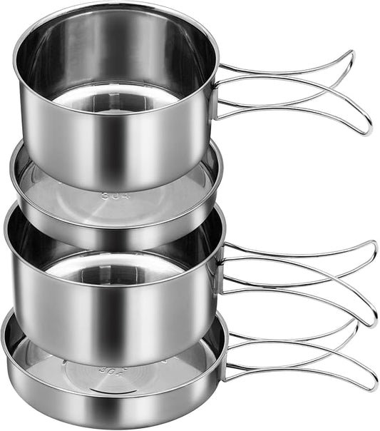 18/8 Stainless Steel Camping Cook Pot Set of 4 pcs, Camping Messware Kit, Camping Cooking Set, Backpacking Camping Cookware, Picnic Camping Cooking Mess Kit