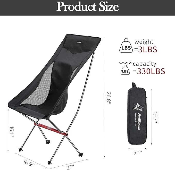 Naturehike Camping Chair, Foldable Chair with Storage Bag, Outdoor Portable Chair for Adults, Lightweight, Supports 330lbs, Backpacking Chair for Fishing, Hiking, Beach, Lawn