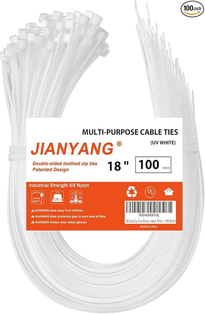 18 Inch Zip Ties Double Sided Toothed,120 LBS Tensile Strength Heavy Duty Cable Wire Ties With Self-Locking Adjustable More Durable Nylon Tie Wraps for Indoor Outdoor White（100 Pack）
