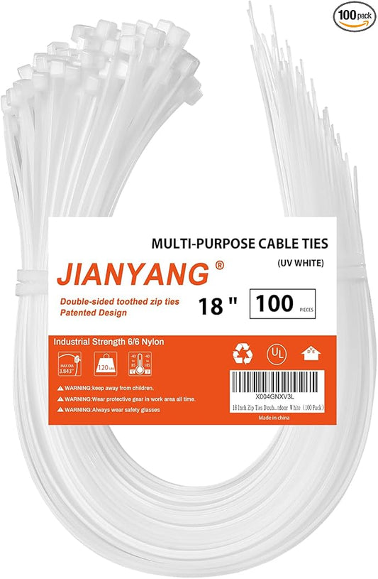 18 Inch Zip Ties Double Sided Toothed,120 LBS Tensile Strength Heavy Duty Cable Wire Ties With Self-Locking Adjustable More Durable Nylon Tie Wraps for Indoor Outdoor White（100 Pack）