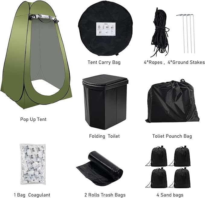 Portable Camping Toilet Kit for Adults, Pop up Privacy Tent, X Large Folding Toilet Potty with Camping Tent, Outdoor Instant Shower Tent Camp Toilet Changing Dressing Room