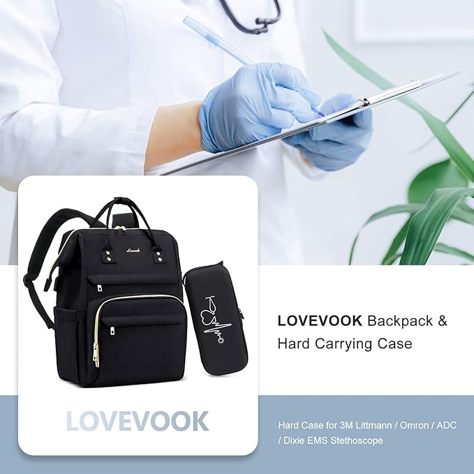 LOVEVOOK Nurse Backpack Laptop Backpack for Women with Stethoscope Case & USB Charging Port Anti Theft Travel Backpacks Doctor Bag Fits 15.6 Inch Laptop and Notebook, Black